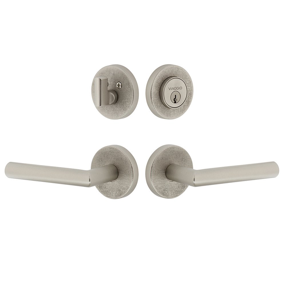 Circolo Linen Rosette with Moderno Lever and matching Deadbolt in Satin Nickel