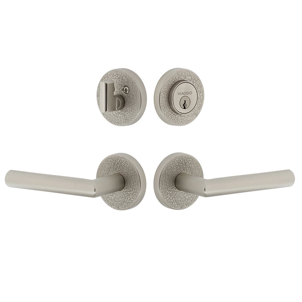 Circolo Leather Rosette with Moderno Lever and matching Deadbolt in Satin Nickel