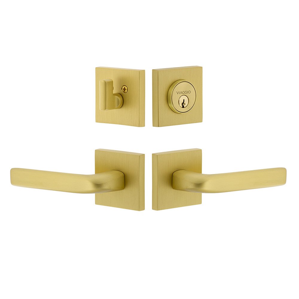 Quadrato Rosette with Bella Lever and matching Deadbolt in Satin Brass