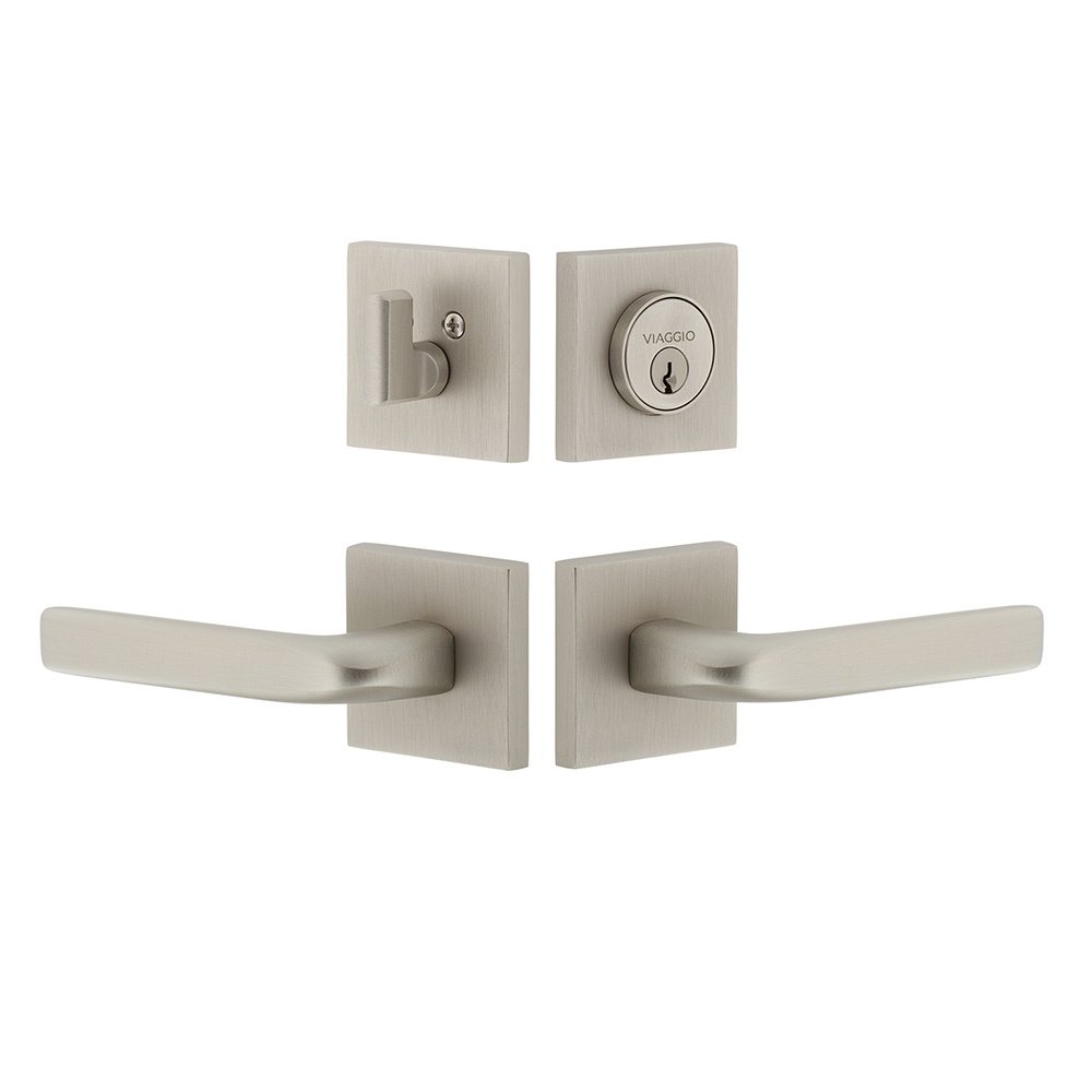 Quadrato Rosette with Bella Lever and matching Deadbolt in Satin Nickel