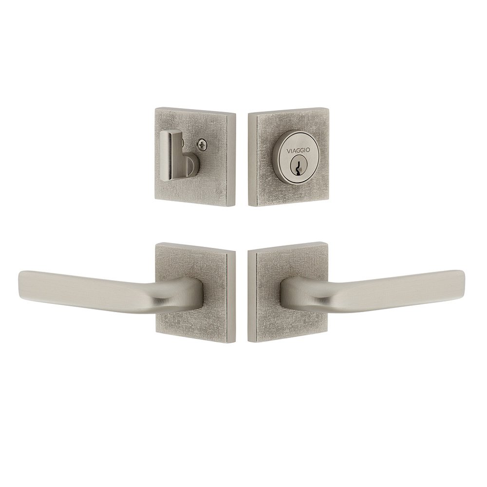 Quadrato Linen Rosette with Bella Lever and matching Deadbolt in Satin Nickel