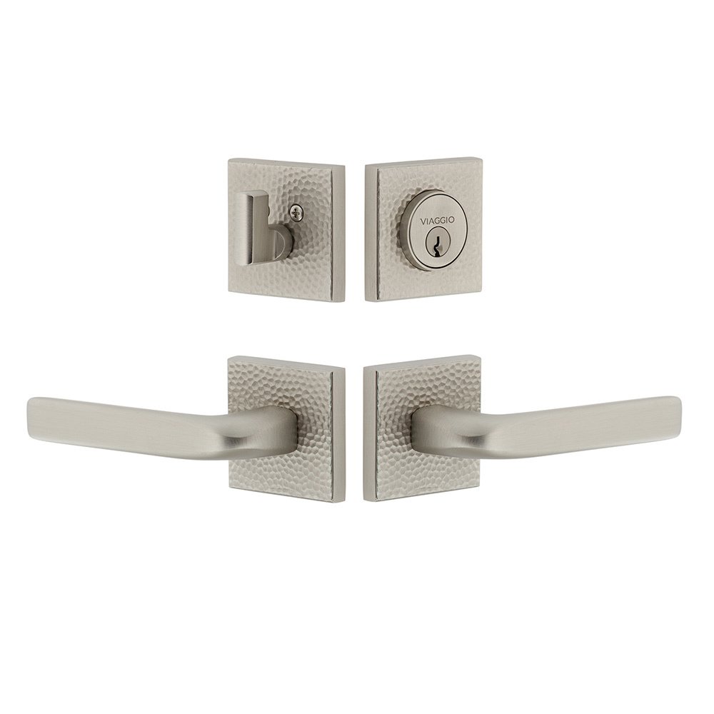 Quadrato Hammered Rosette with Bella Lever and matching Deadbolt in Satin Nickel