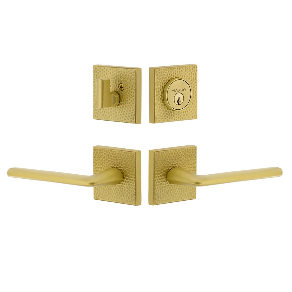 Quadrato Hammered Rosette with Brezza Lever and matching Deadbolt in Satin Brass