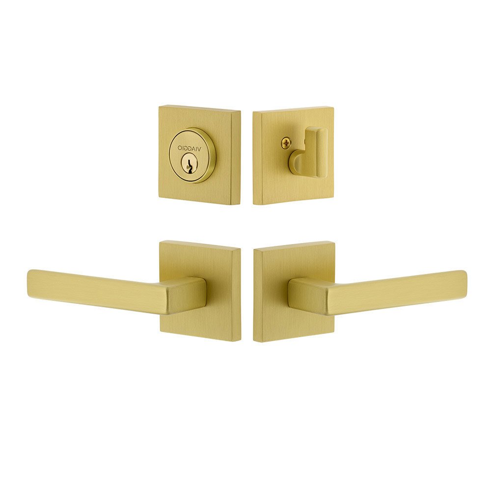 Quadrato Rosette with Lusso Lever and matching Deadbolt in Satin Brass