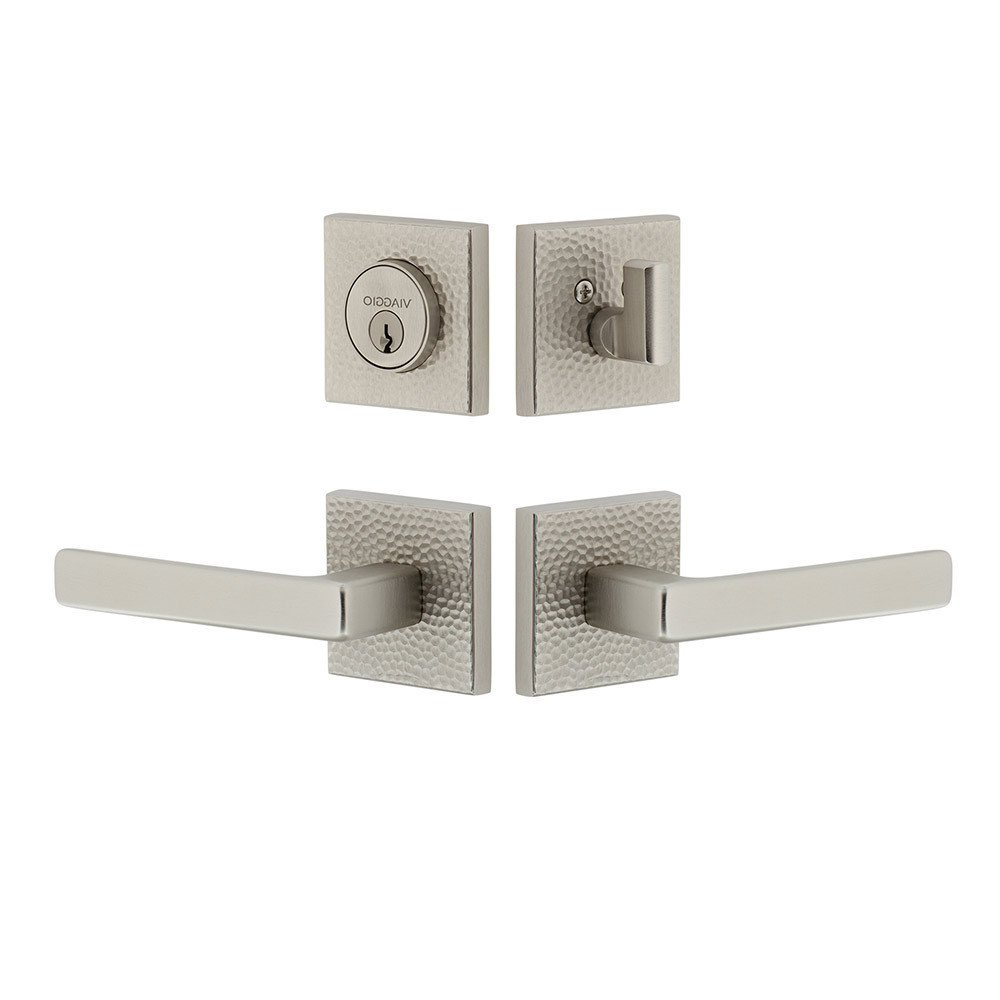 Quadrato Hammered Rosette with Lusso Lever and matching Deadbolt in Satin Nickel