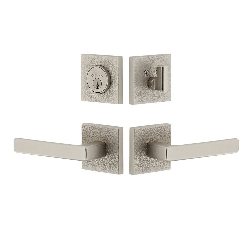 Quadrato Leather Rosette with Lusso Lever and matching Deadbolt in Satin Nickel