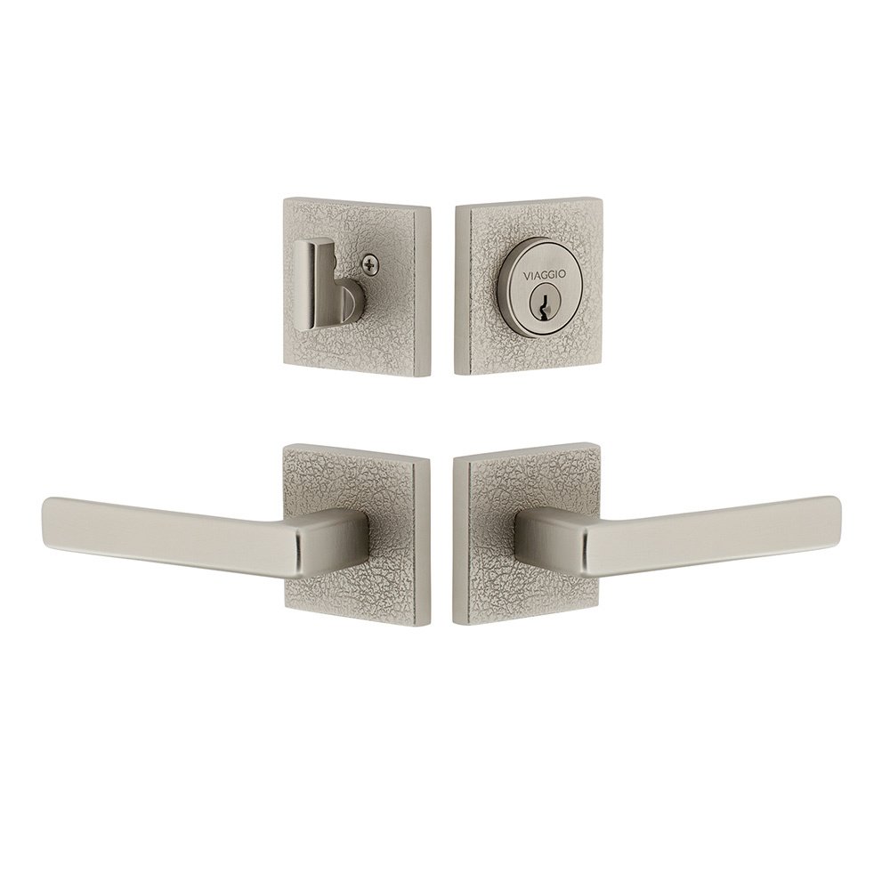 Quadrato Leather Rosette with Lusso Lever and matching Deadbolt in Satin Nickel