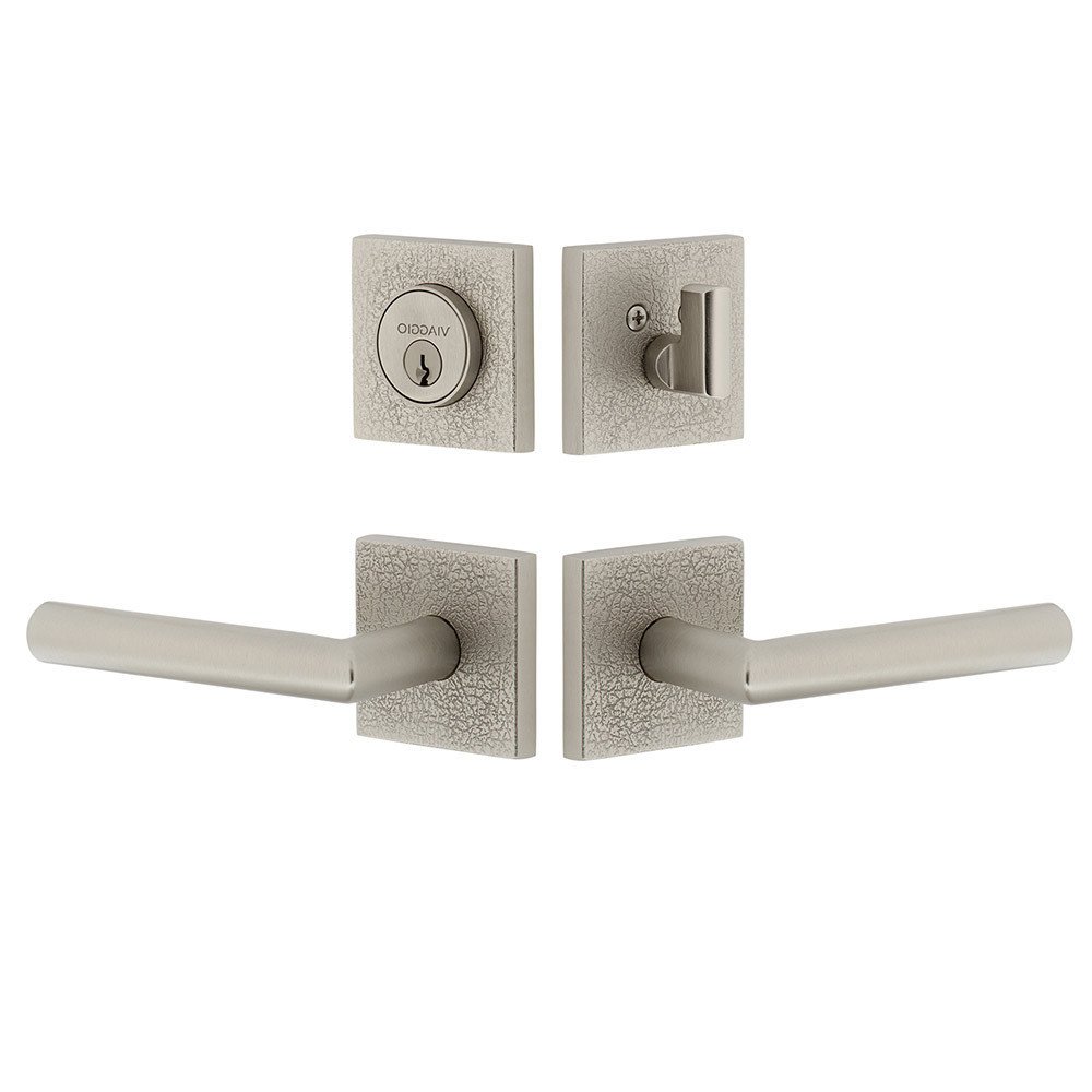Quadrato Leather Rosette with Moderno Lever and matching Deadbolt in Satin Nickel