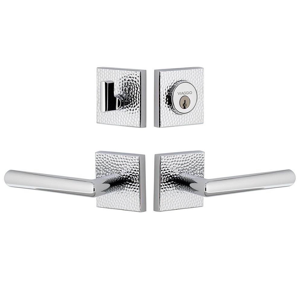 Quadrato Hammered Rosette with Moderno Lever and matching Deadbolt in Bright Chrome