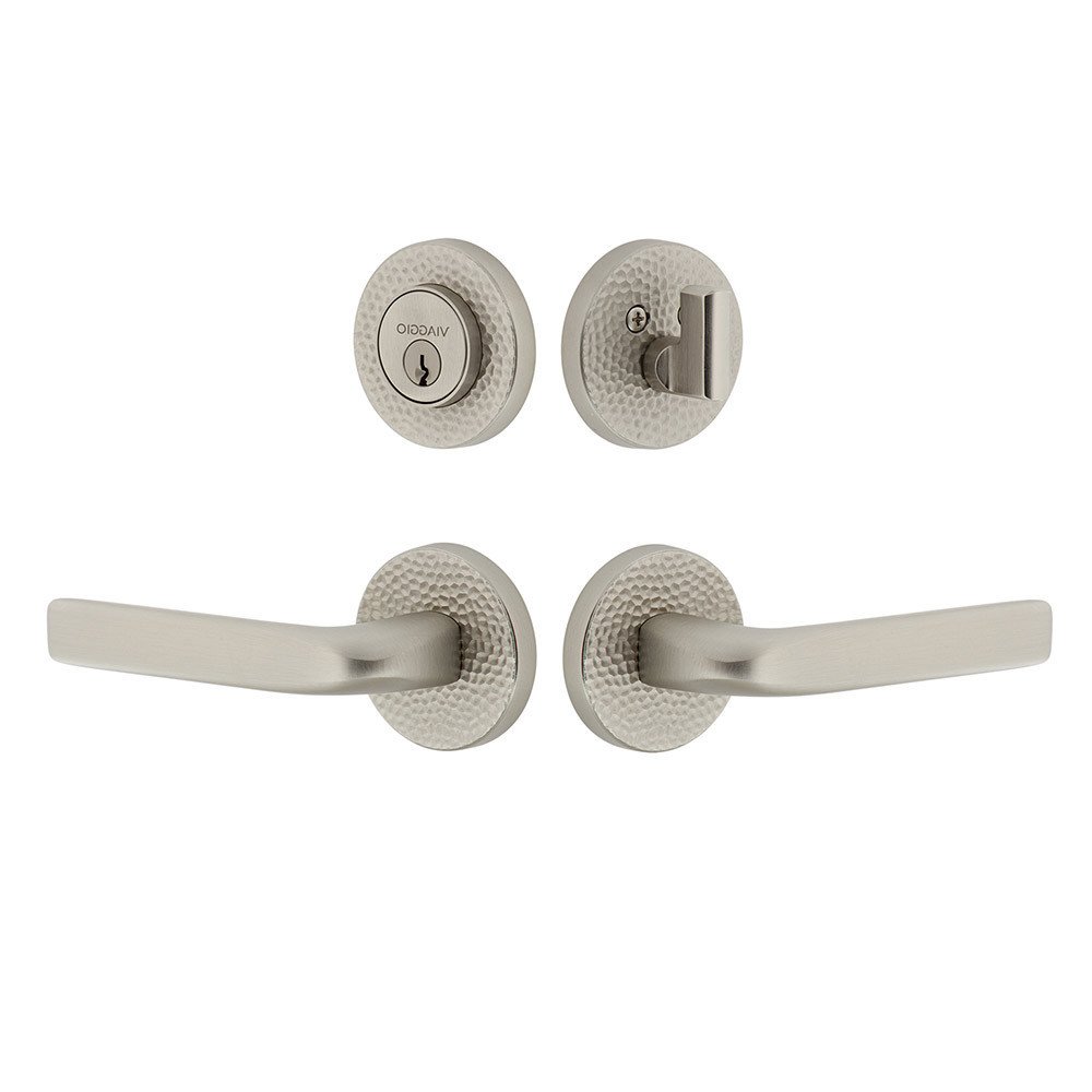 Circolo Hammered Rosette with Bella Lever and matching Deadbolt in Satin Nickel