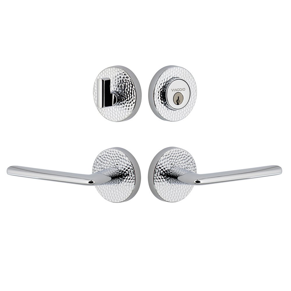 Circolo Hammered Rosette with Brezza Lever and matching Deadbolt in Bright Chrome