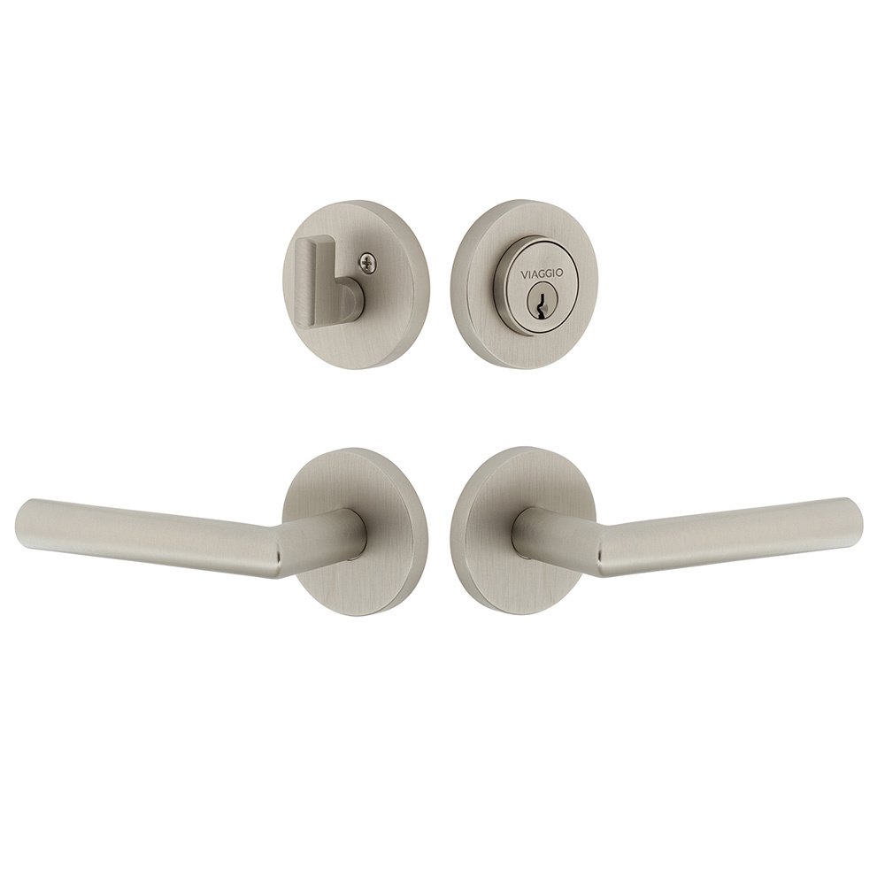 Circolo Rosette with Moderno Lever and matching Deadbolt in Satin Nickel