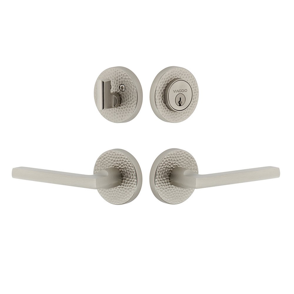 Circolo Hammered Rosette with Milano Lever and matching Deadbolt in Satin Nickel