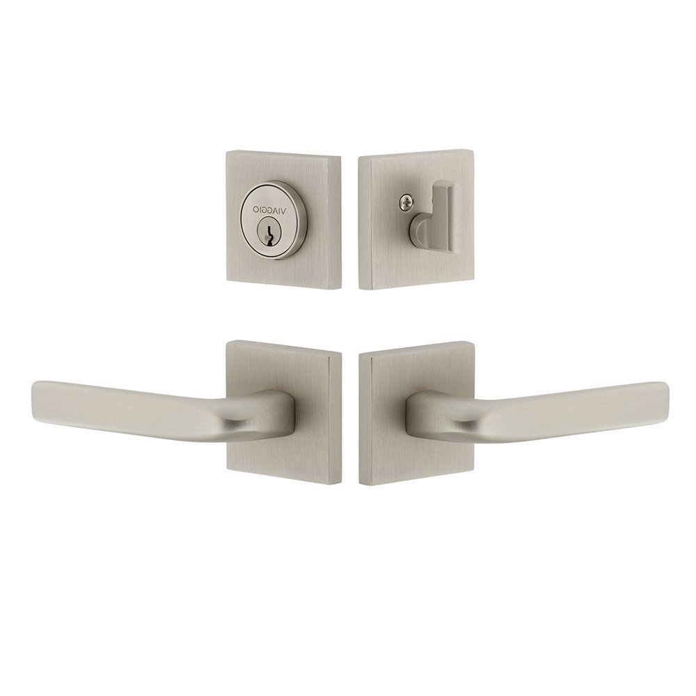 Quadrato Rosette with Bella Lever and matching Deadbolt in Satin Nickel