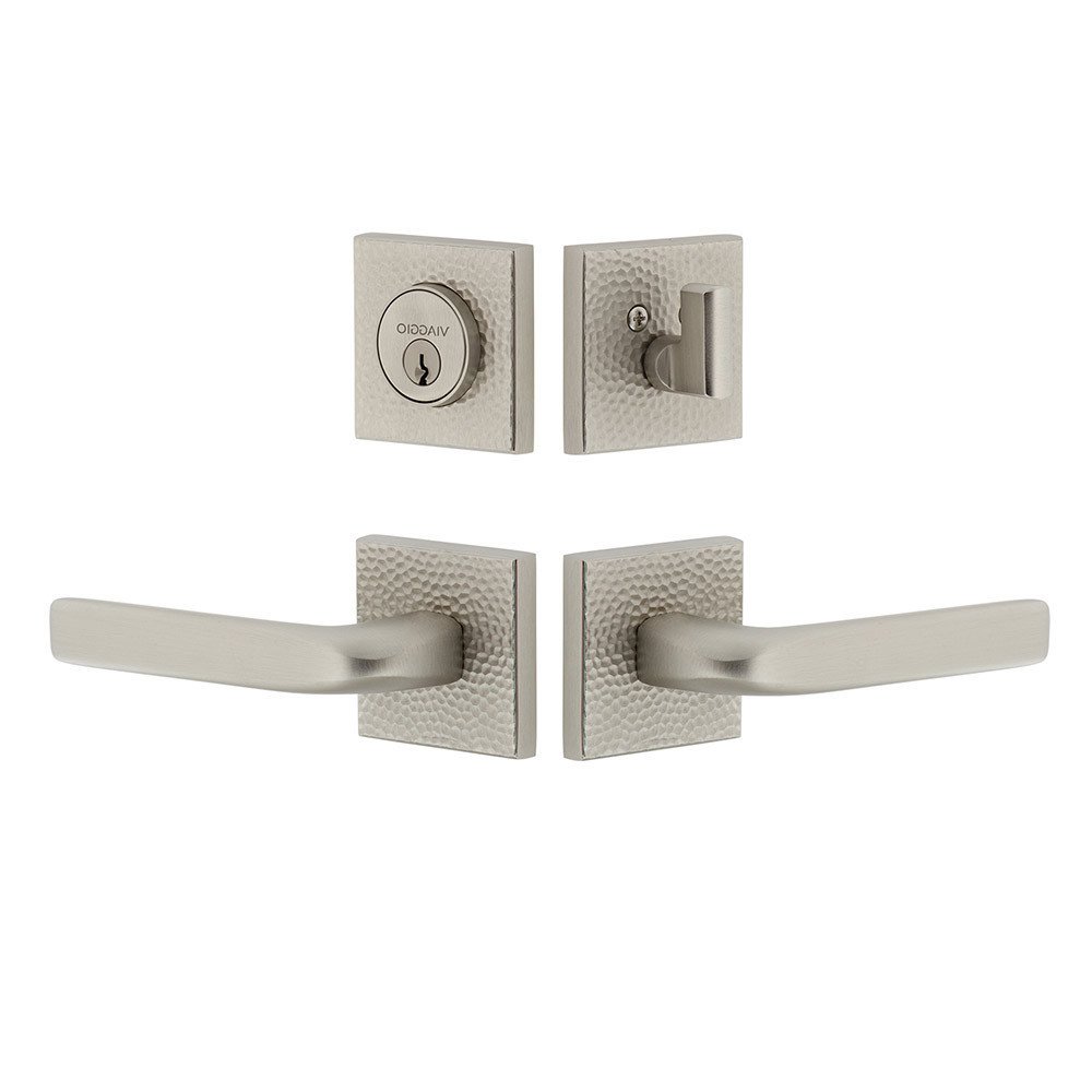 Quadrato Hammered Rosette with Bella Lever and matching Deadbolt in Satin Nickel