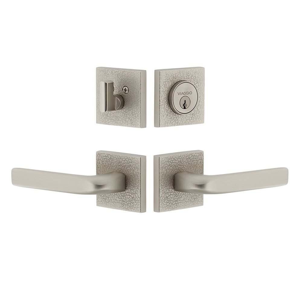 Quadrato Leather Rosette with Bella Lever and matching Deadbolt in Satin Nickel