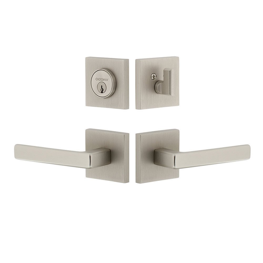 Quadrato Rosette with Lusso Lever and matching Deadbolt in Satin Nickel