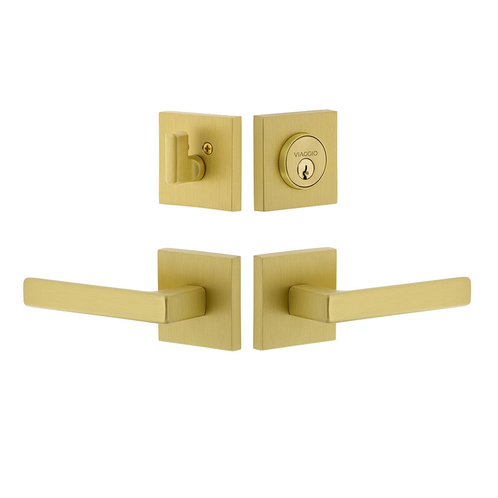 Quadrato Rosette with Lusso Lever and matching Deadbolt in Satin Brass