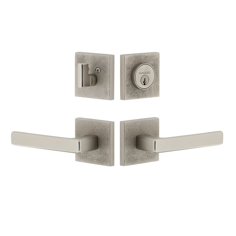 Quadrato Linen Rosette with Lusso Lever and matching Deadbolt in Satin Nickel
