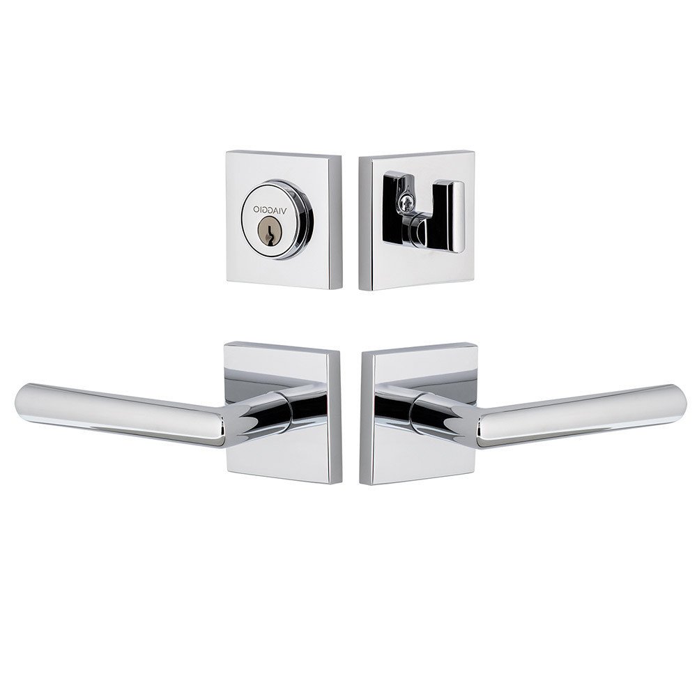 Quadrato Rosette with Moderno Lever and matching Deadbolt in Bright Chrome