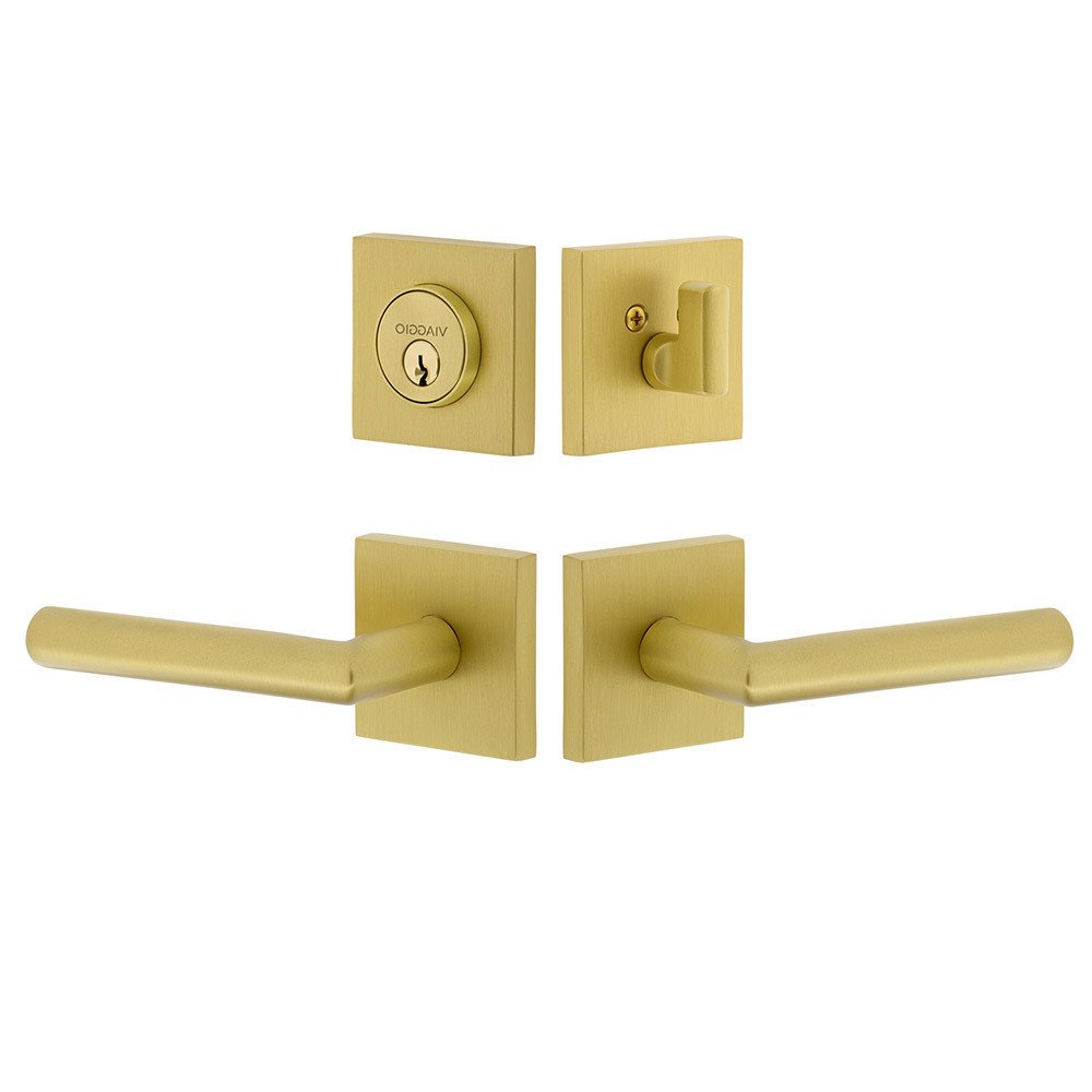 Quadrato Rosette with Moderno Lever and matching Deadbolt in Satin Brass