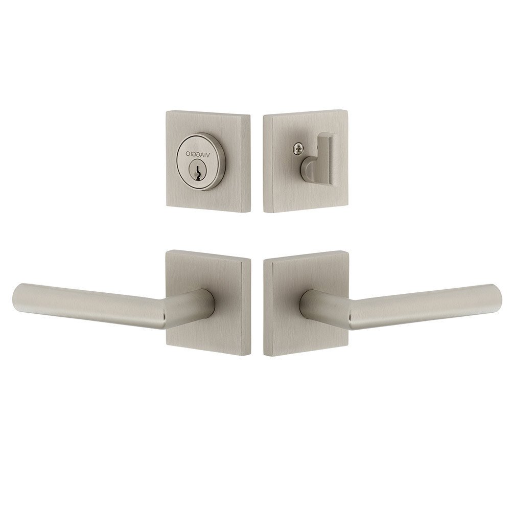 Quadrato Rosette with Moderno Lever and matching Deadbolt in Satin Nickel