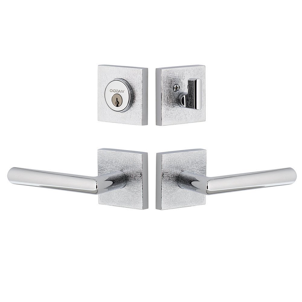 Quadrato Linen Rosette with Moderno Lever and matching Deadbolt in Bright Chrome
