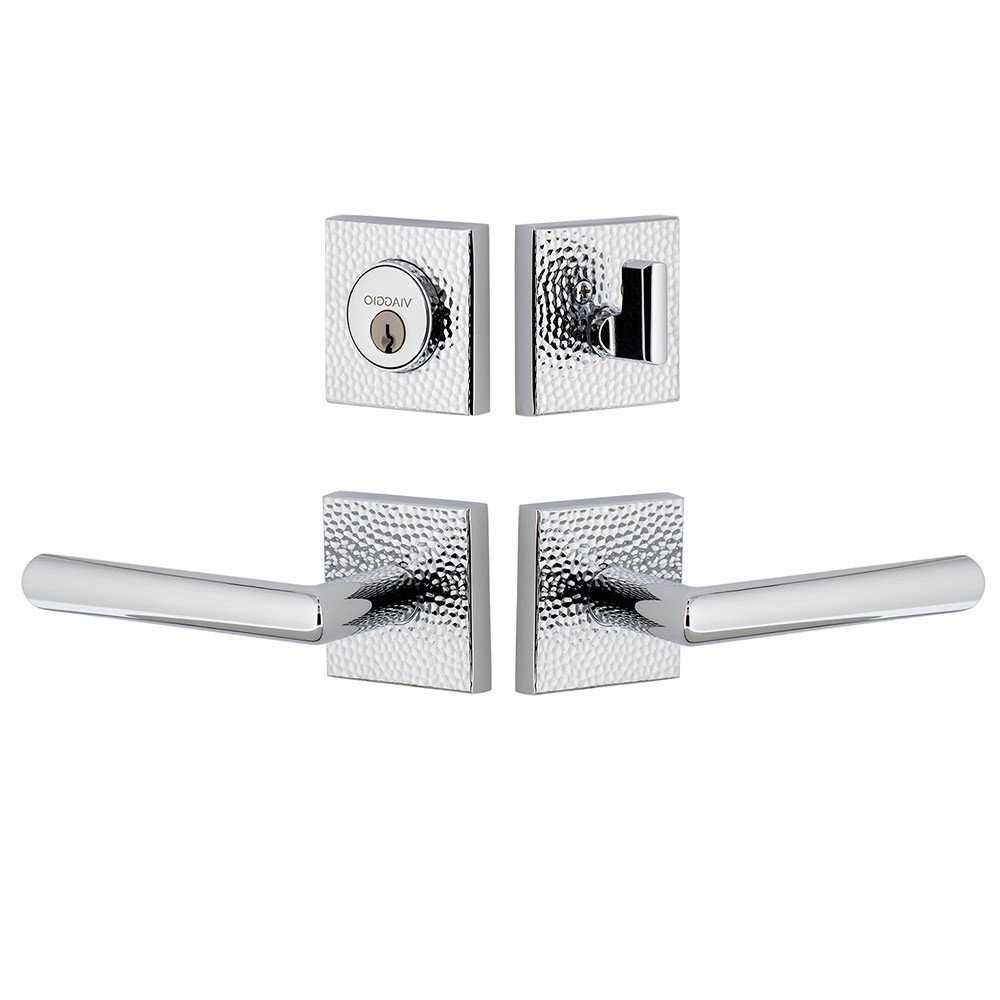 Quadrato Hammered Rosette with Moderno Lever and matching Deadbolt in Bright Chrome