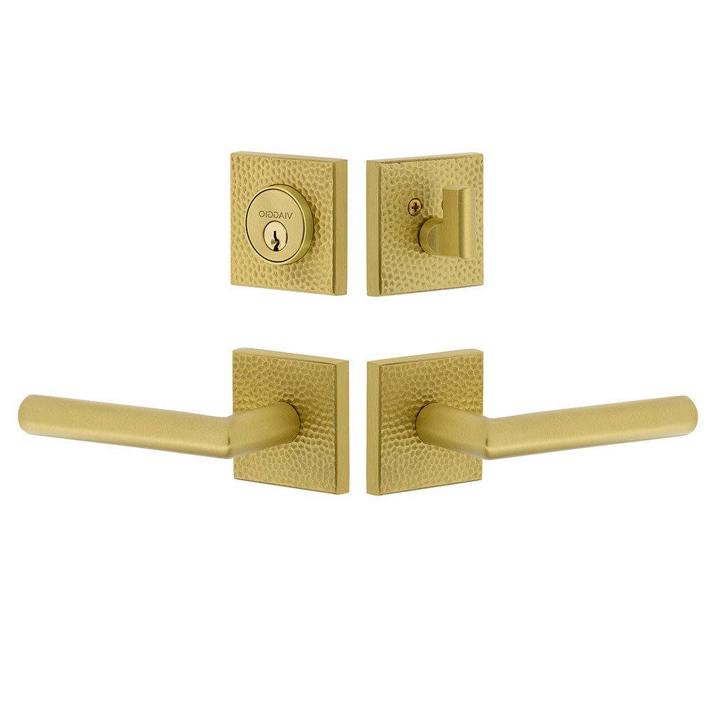 Quadrato Hammered Rosette with Moderno Lever and matching Deadbolt in Satin Brass