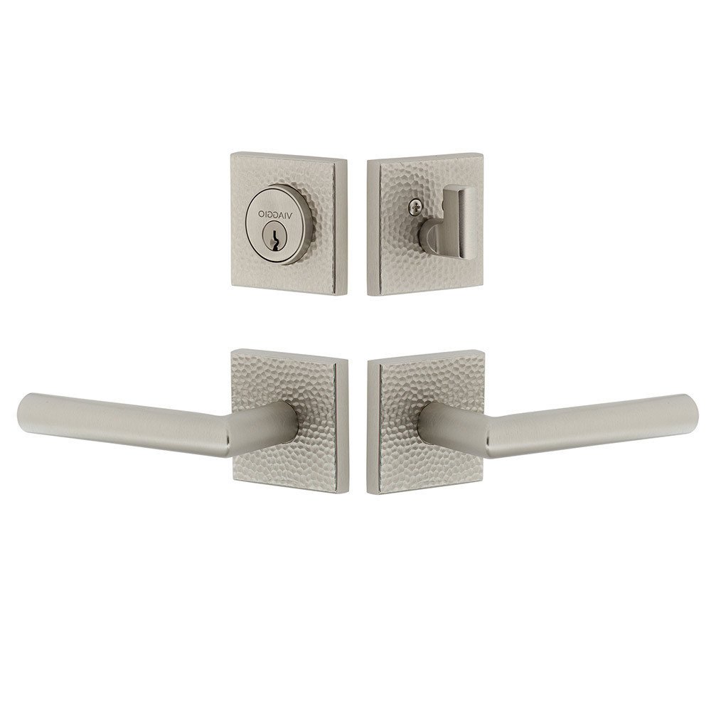 Quadrato Hammered Rosette with Moderno Lever and matching Deadbolt in Satin Nickel