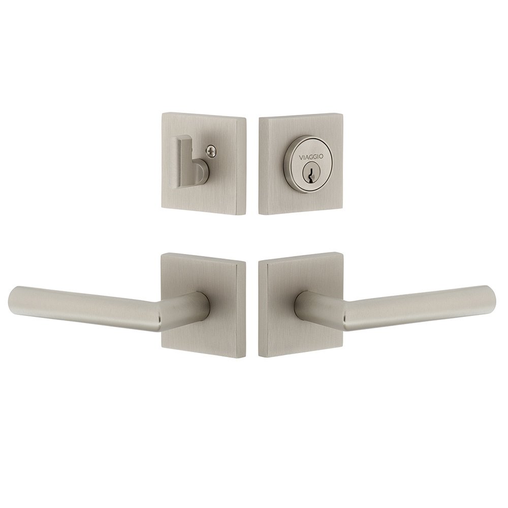 Quadrato Rosette with Moderno Lever and matching Deadbolt in Satin Nickel
