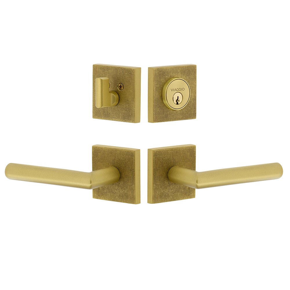 Quadrato Linen Rosette with Moderno Lever and matching Deadbolt in Satin Brass