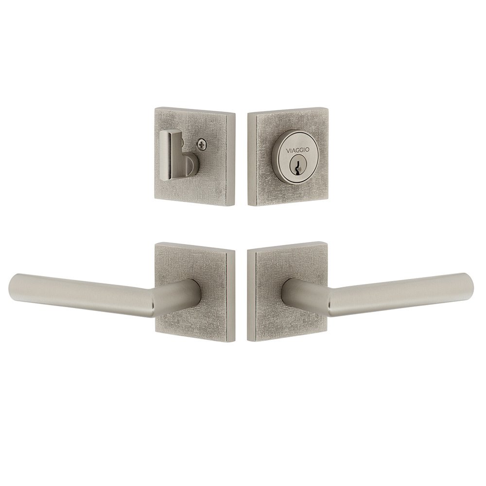 Quadrato Linen Rosette with Moderno Lever and matching Deadbolt in Satin Nickel
