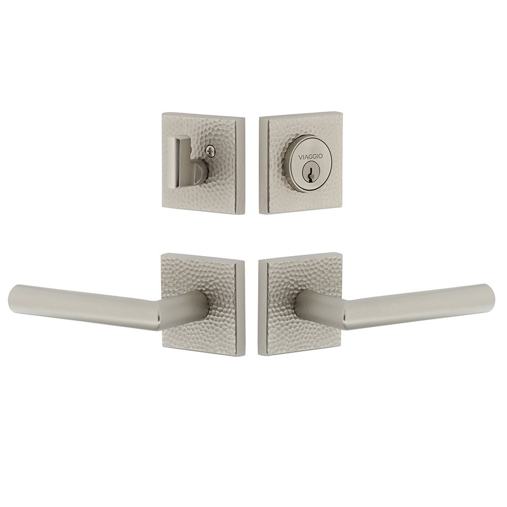 Quadrato Hammered Rosette with Moderno Lever and matching Deadbolt in Satin Nickel