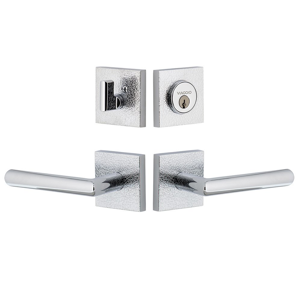Quadrato Leather Rosette with Moderno Lever and matching Deadbolt in Bright Chrome