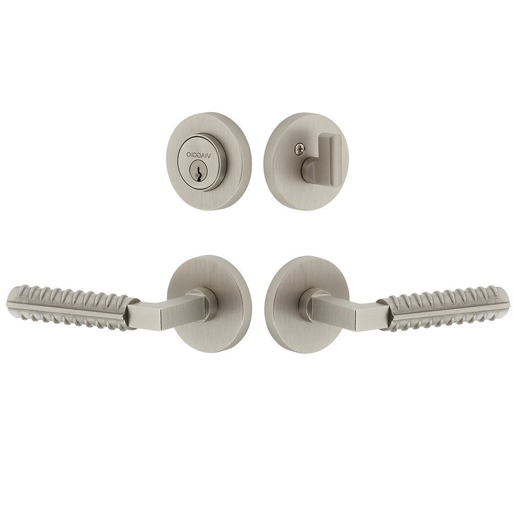Circolo Rosette with Contempo Rebar Lever and matching Deadbolt in Satin Nickel