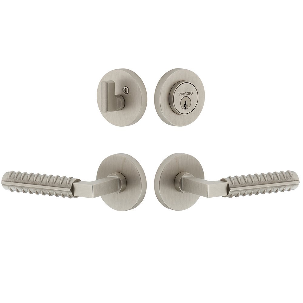 Circolo Rosette with Contempo Rebar Lever and matching Deadbolt in Satin Nickel