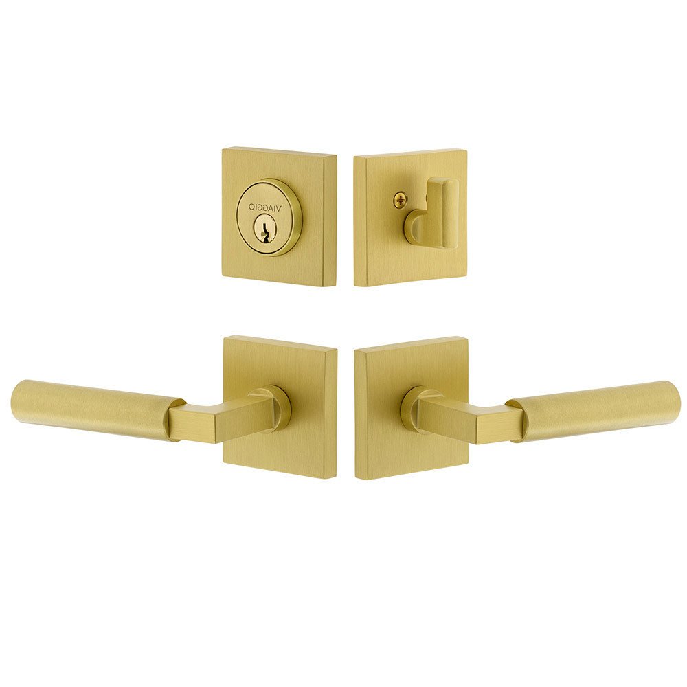 Quadrato Rosette with Contempo Smooth Lever and matching Deadbolt in Satin Brass