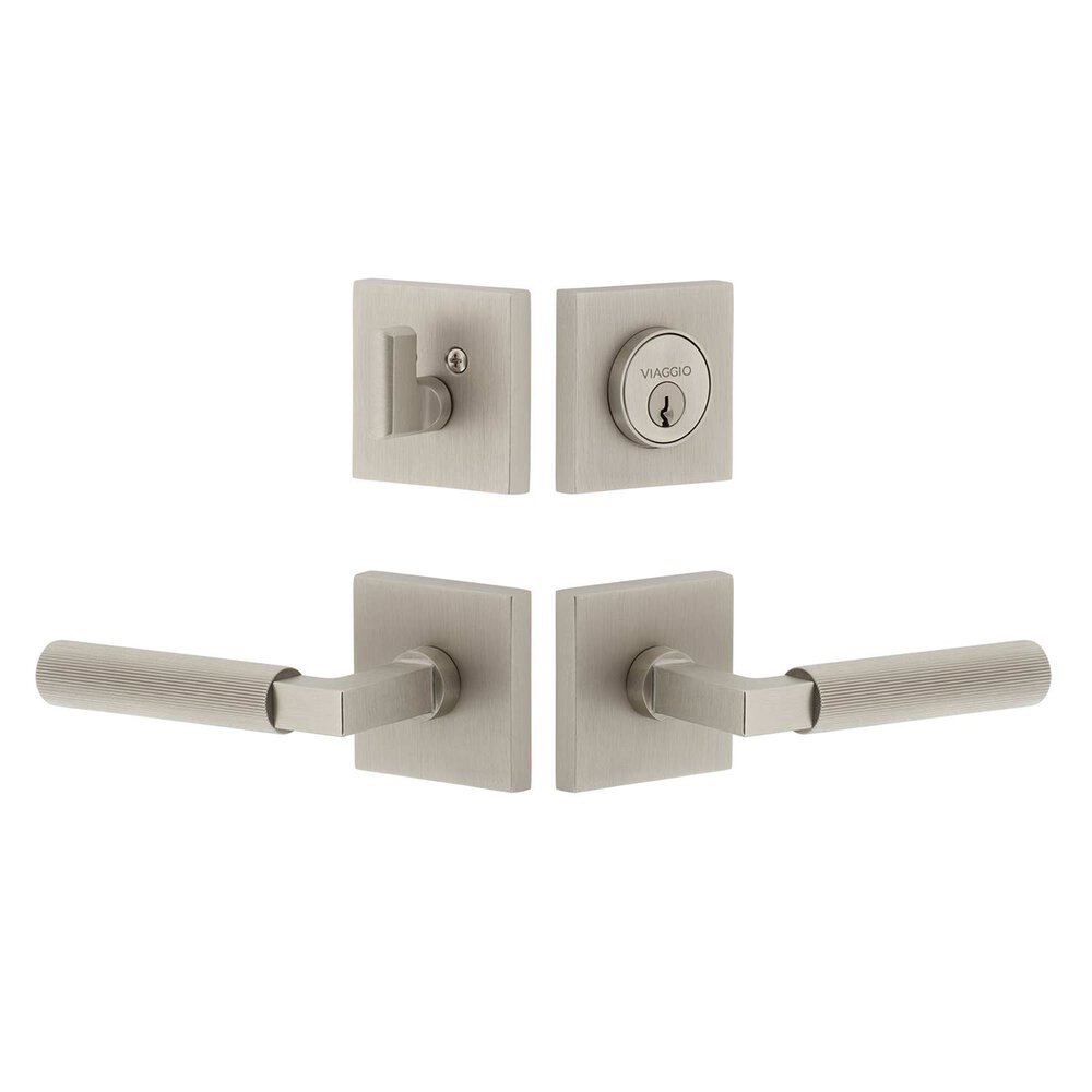 Quadrato Rosette with Contempo Fluted Lever and matching Deadbolt in Satin Nickel