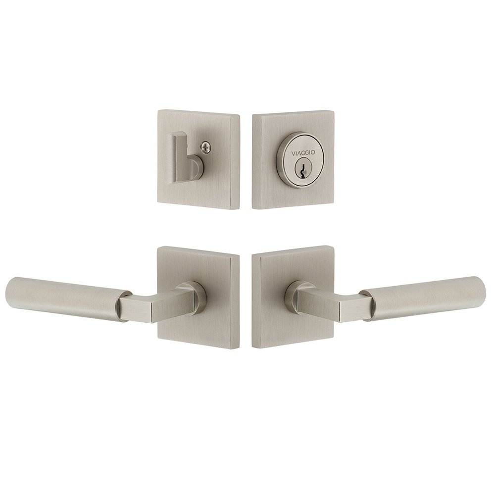 Quadrato Rosette with Contempo Smooth Lever and matching Deadbolt in Satin Nickel