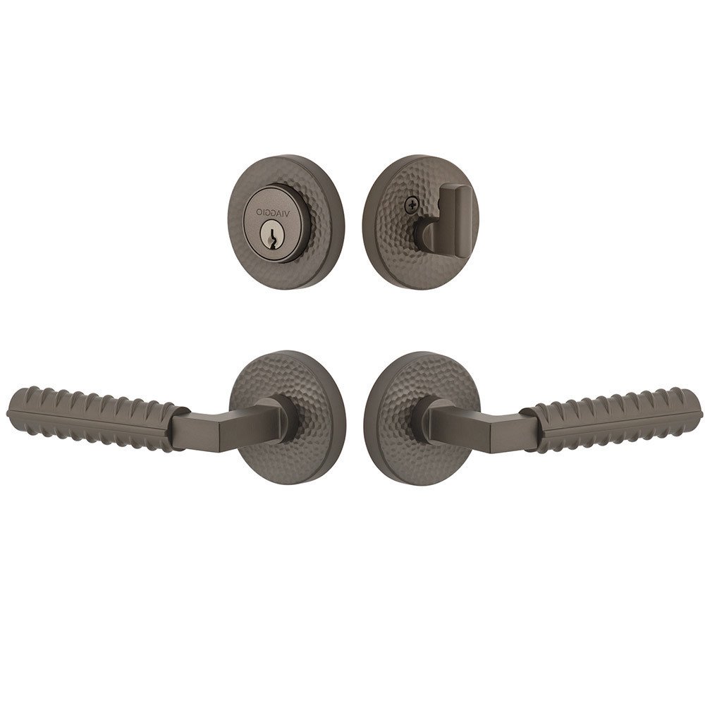Circolo Hammered Rosette with Contempo Rebar Lever and matching Deadbolt in Titanium Gray