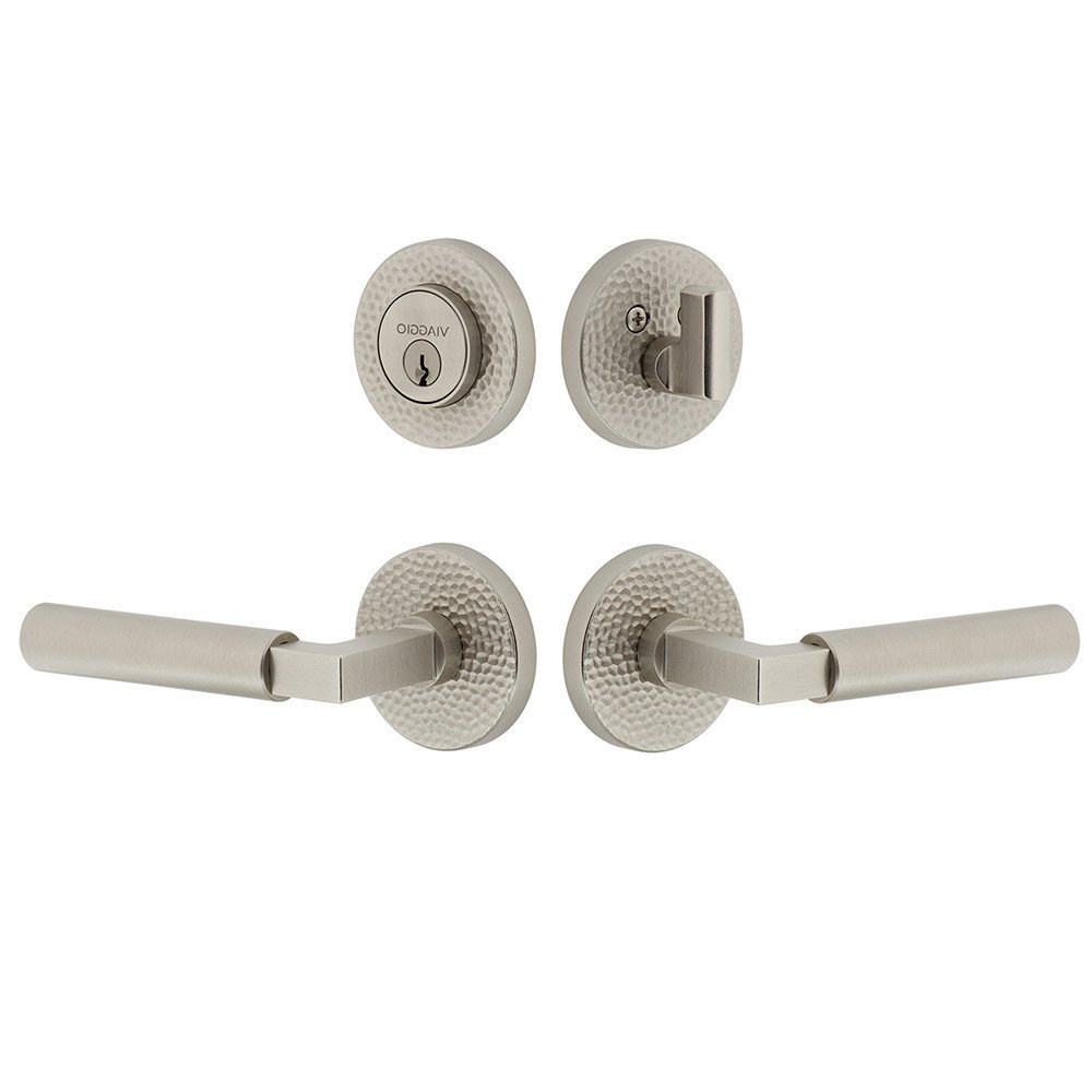 Circolo Hammered Rosette with Contempo Smooth Lever and matching Deadbolt in Satin Nickel