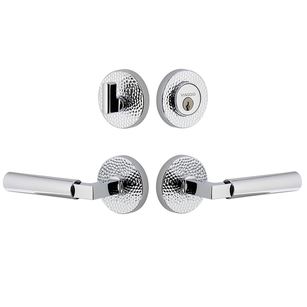 Circolo Hammered Rosette with Contempo Smooth Lever and matching Deadbolt in Bright Chrome