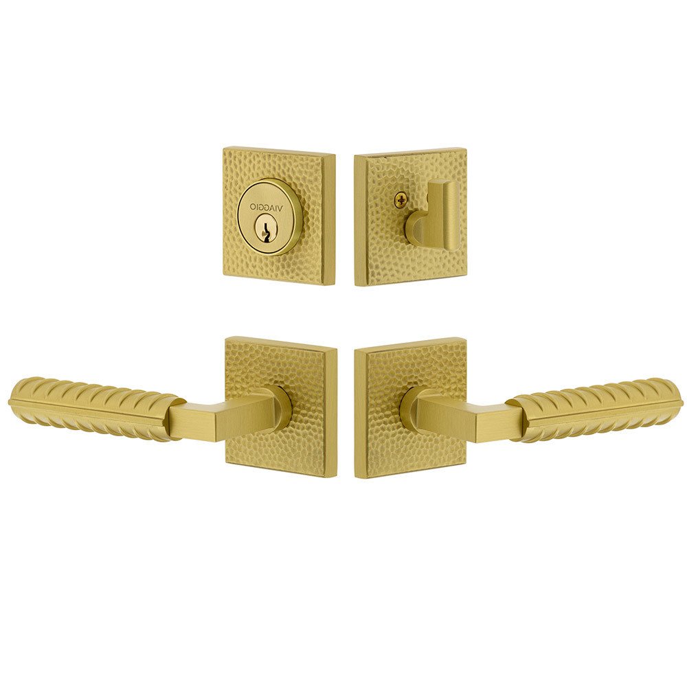 Quadrato Hammered Rosette with Contempo Rebar Lever and matching Deadbolt in Satin Brass