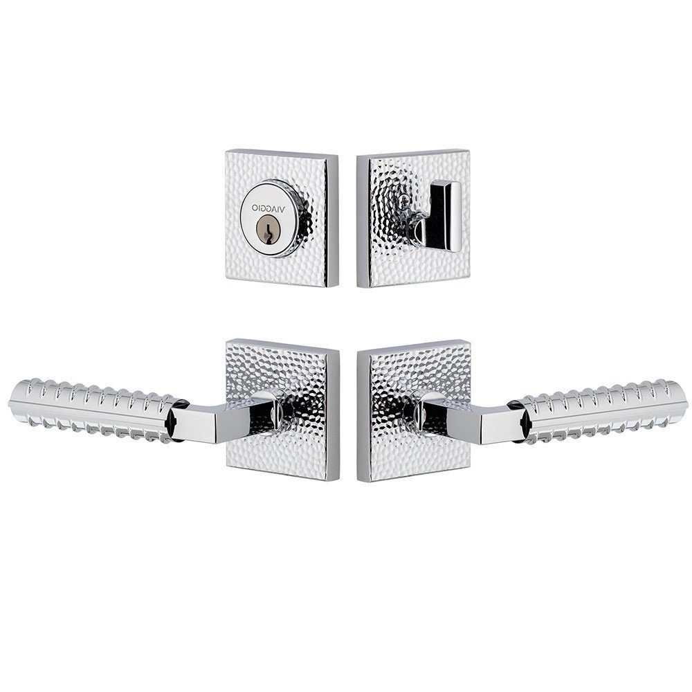 Quadrato Hammered Rosette with Contempo Rebar Lever and matching Deadbolt in Bright Chrome