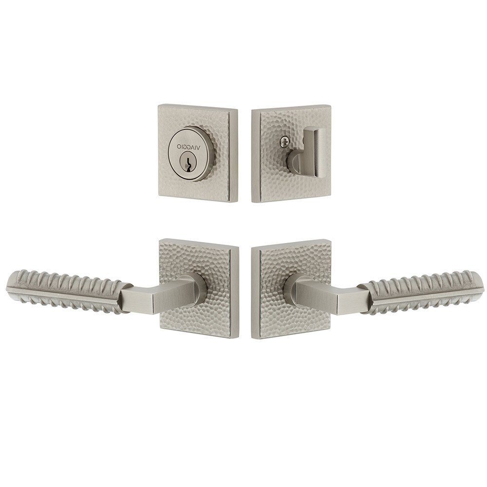 Quadrato Hammered Rosette with Contempo Rebar Lever and matching Deadbolt in Satin Nickel