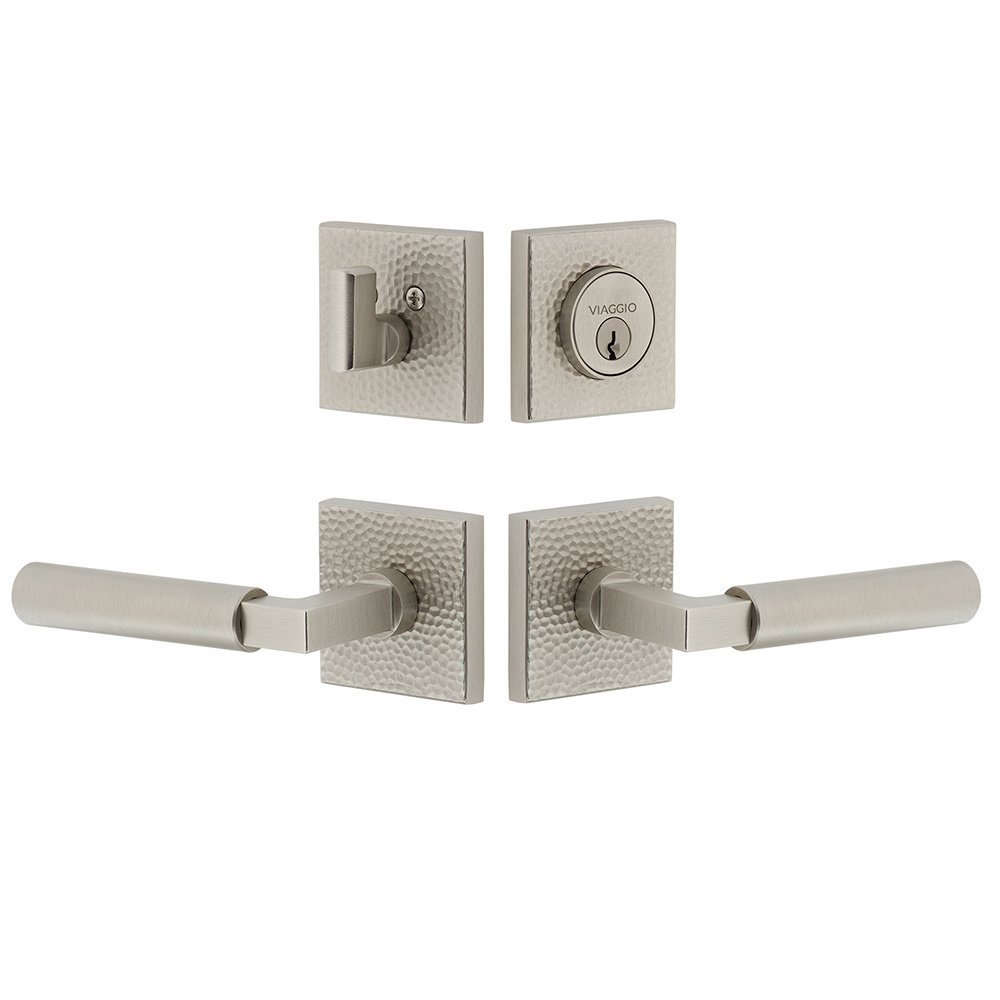 Quadrato Hammered Rosette with Contempo Smooth Lever and matching Deadbolt in Satin Nickel