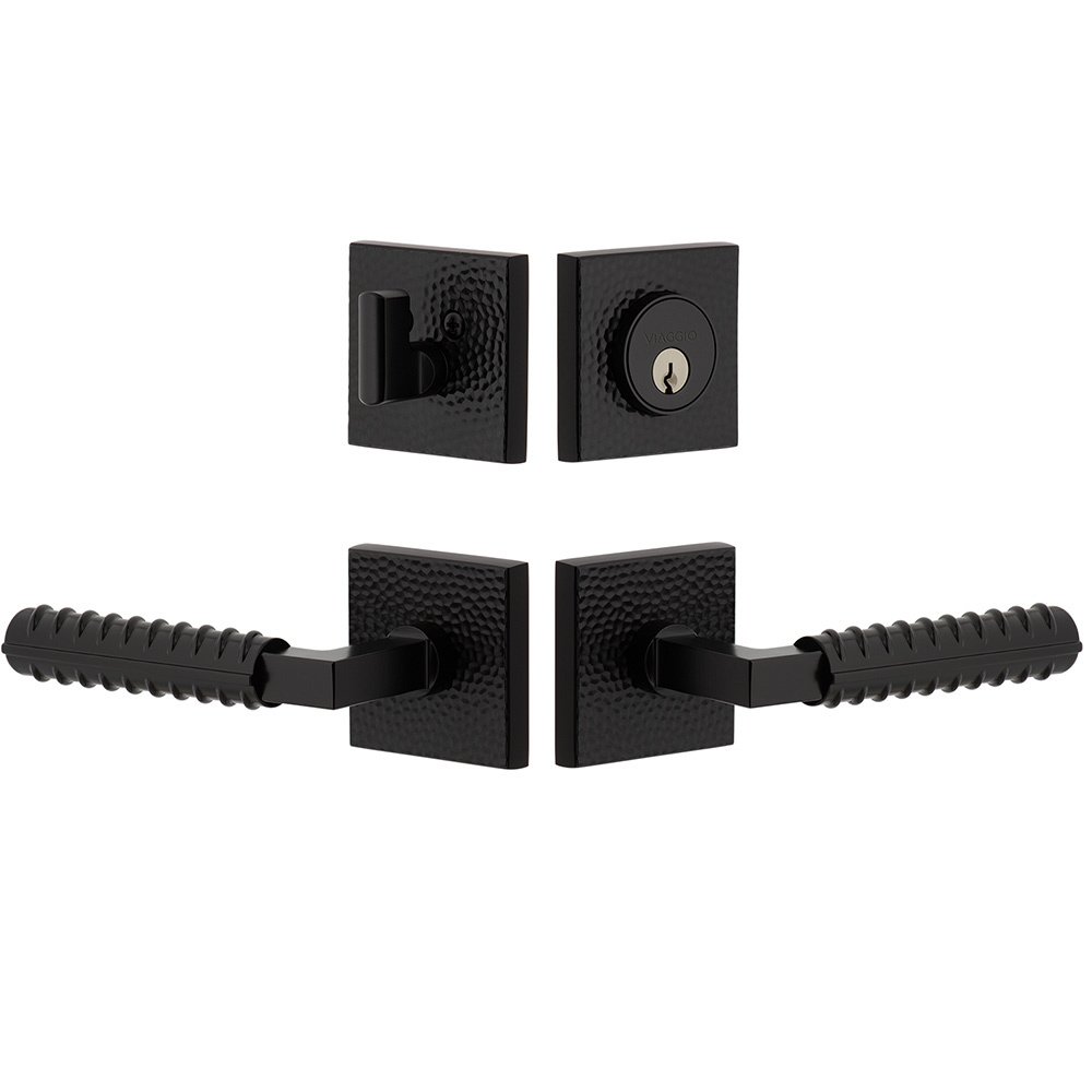 Quadrato Hammered Rosette with Contempo Rebar Lever and matching Deadbolt in Satin Black
