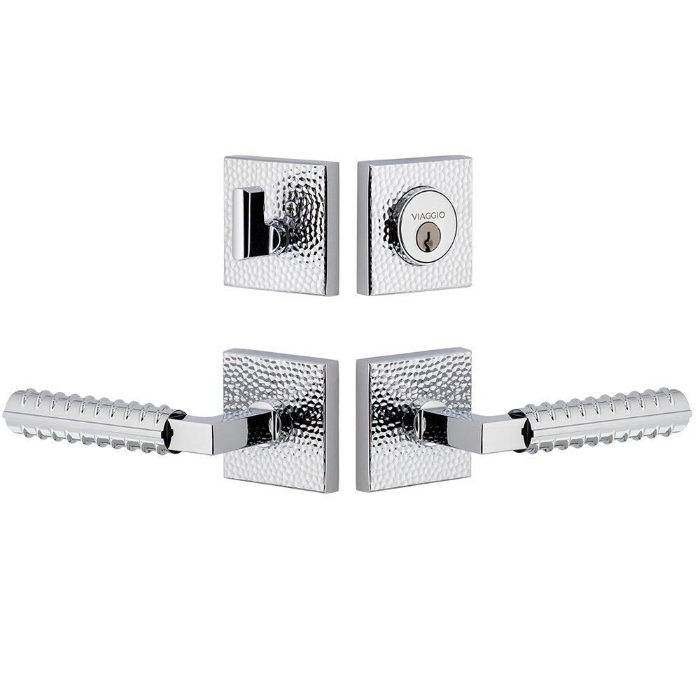 Quadrato Hammered Rosette with Contempo Rebar Lever and matching Deadbolt in Bright Chrome