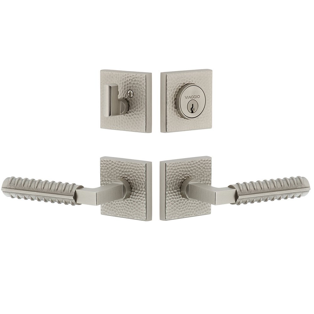 Quadrato Hammered Rosette with Contempo Rebar Lever and matching Deadbolt in Satin Nickel